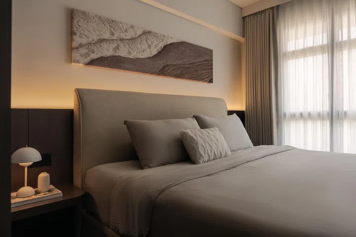 Master bedroom in a 5-room HDB BTO at Tampines Street 96 (1,216 sq ft), designed by Inizio Atelier.