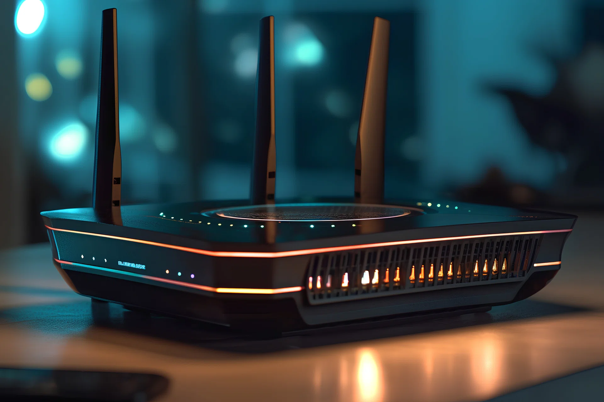 Wireless router on a table in the dark.