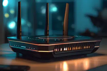 Wireless router on a table in the dark.