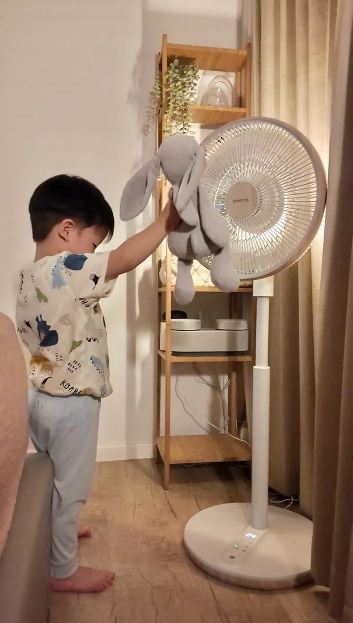 Toddler interacting with the Mistral Greenleaf III standing fan.