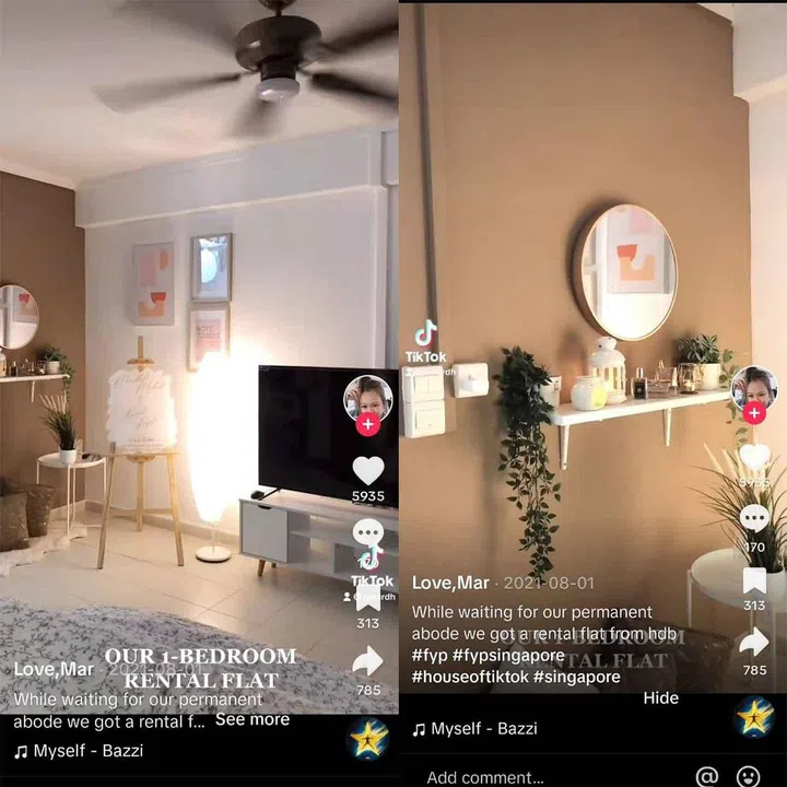 Tiktok Account Love Mar showcases their HDB Rental Flat Renovation and home decor interior design journey. Screengrabs.