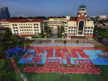 Aerial view of Nanyang Primary School premises and students dressed in red. Image MOE Heritage Centre.