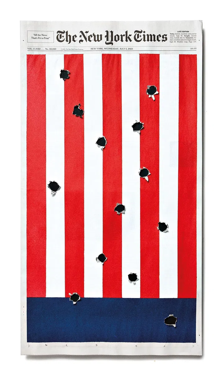 Sho Shibuya
INSANITY
July 5, 2023
305 x 559 mm /
12 x 22 in. Acrylic
In mass
shootings across
the country
on July 4th,
13 people are
killed and 80 are
injured.