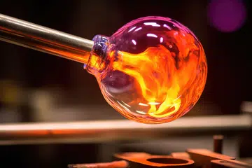 Glass blowing art and flame. Handmade glassware is produced on high fire.