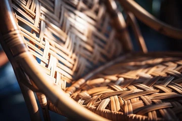 Wicker rattan chair in the garden, close up view.
