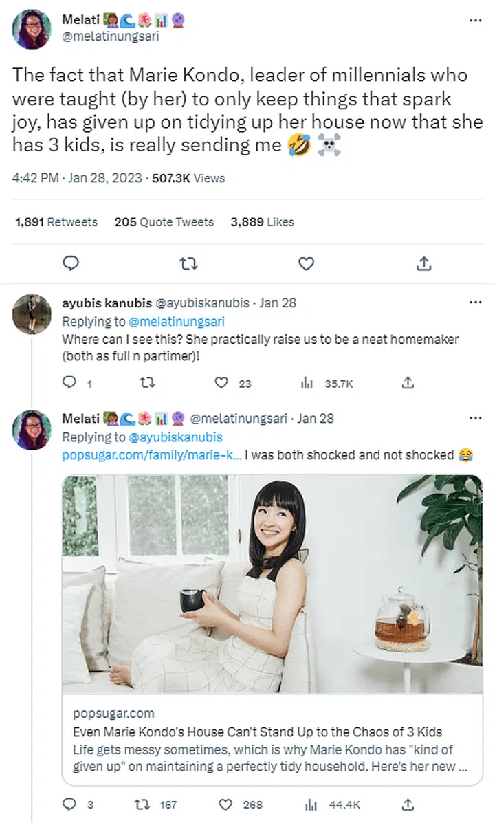 Twitter was ablaze with Marie Kondo's confession to being messy now that she has three children