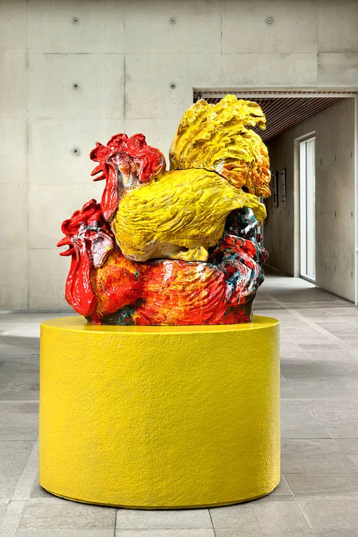  De Hanen-Les coqs sculpture, made from glazed terracotta.