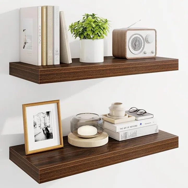 Shop the Marsmiles 24” Floating Shelves for Wall, Wooden Shelves with Invisible Brackets Set of 2, Rustic Farmhouse Wall Mounted Shelf for Kitchen Bathroom Living Room Study, Walnut from $85 on Amazon