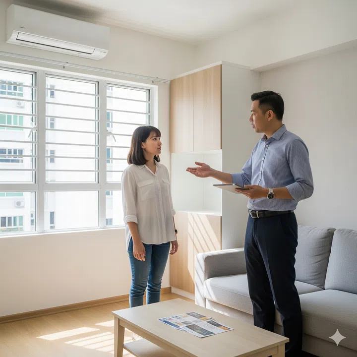 A young woman viewing a resale HDB with a property agent.