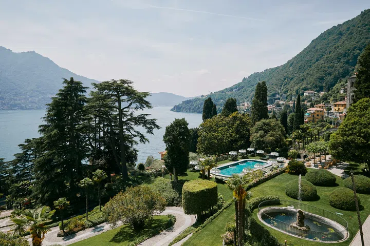 View over pool in Passalacqua in Lake Como, Italy.