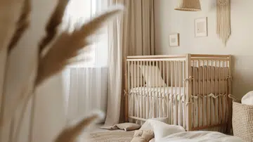 A light beige neutral children’s bedroom. Cozy interior in beige tones. Scandinavian design for kids, 3D render. The room evokes warmth and simplicity, ideal for a comfortable and peaceful sleep environment.