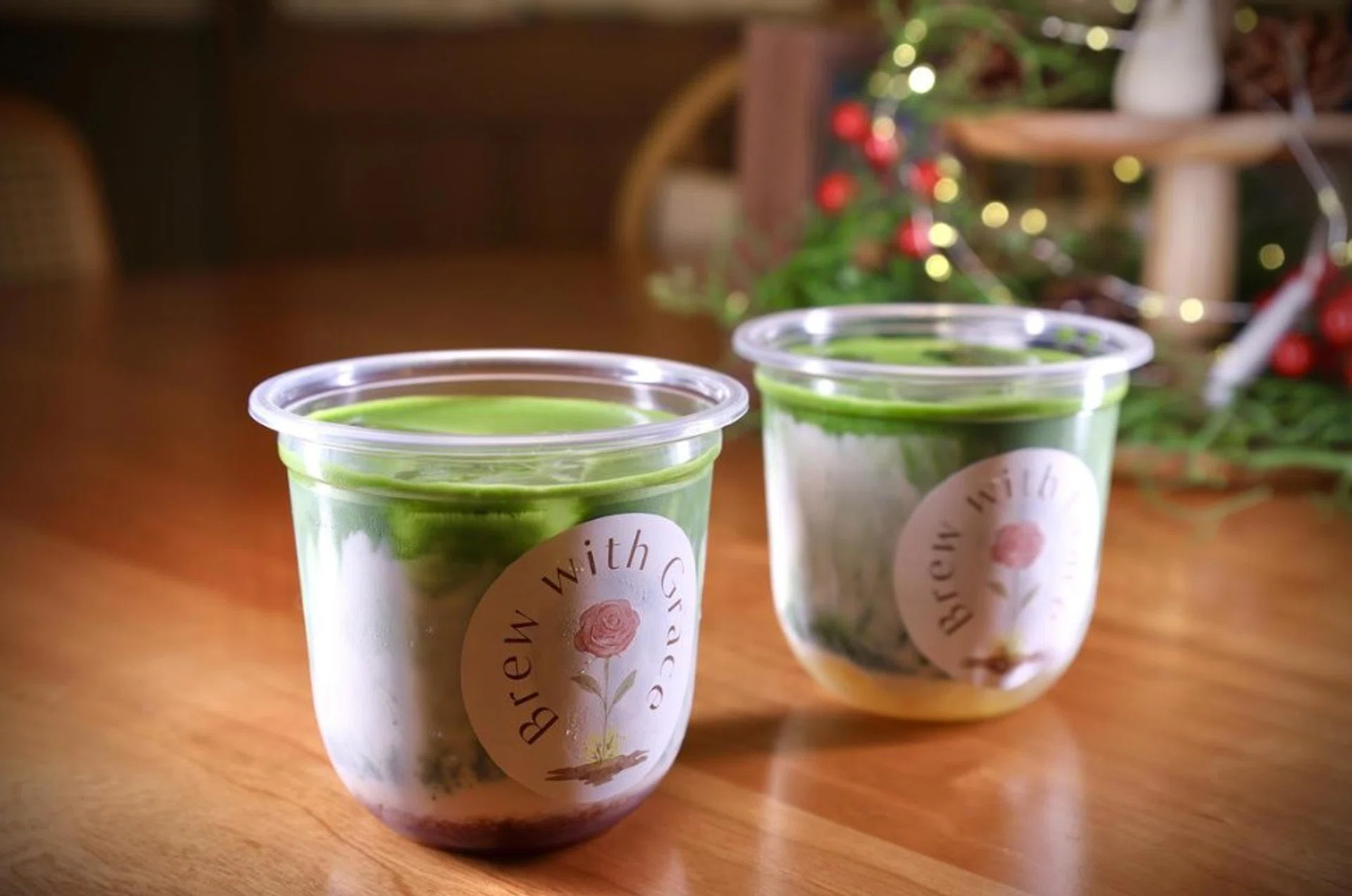 (From left) Strawberry Matcha Oat and Yuzu Matcha Oat at home cafe Brew With Grace.