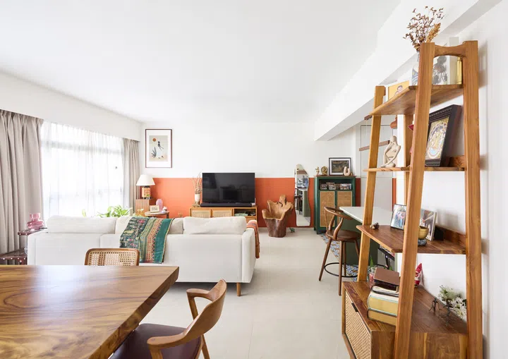 The dining area looks into the living room.