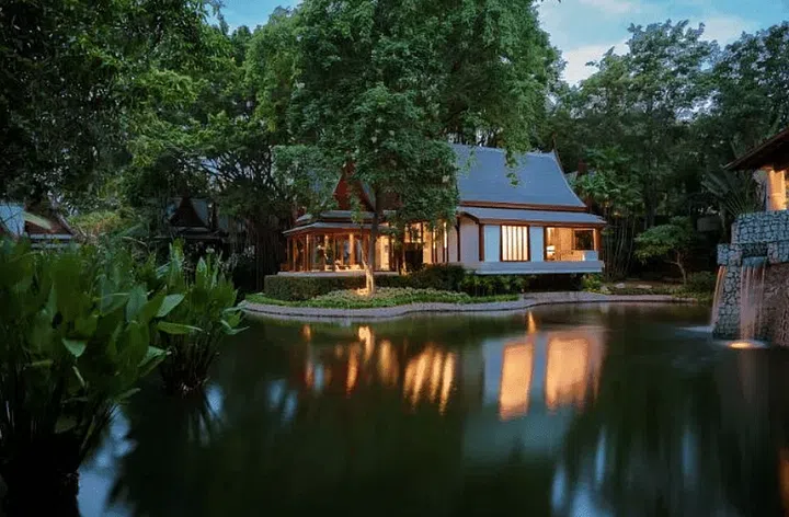 Hua Hin Chiva Som Thailand resort facade from a lake