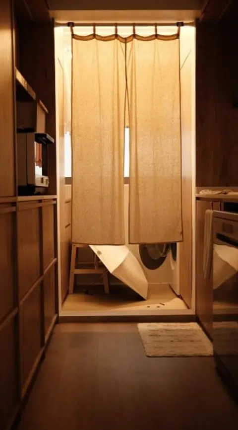 The yard sits at the far end of the kitchen corridor, separated by soft curtains and kept on the “outside of the house” to contain service functions.