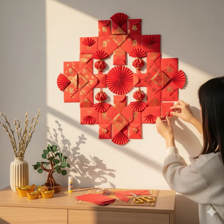 Red packet envelopes Chinese New Year  DIY art and craft home decor in a living room.