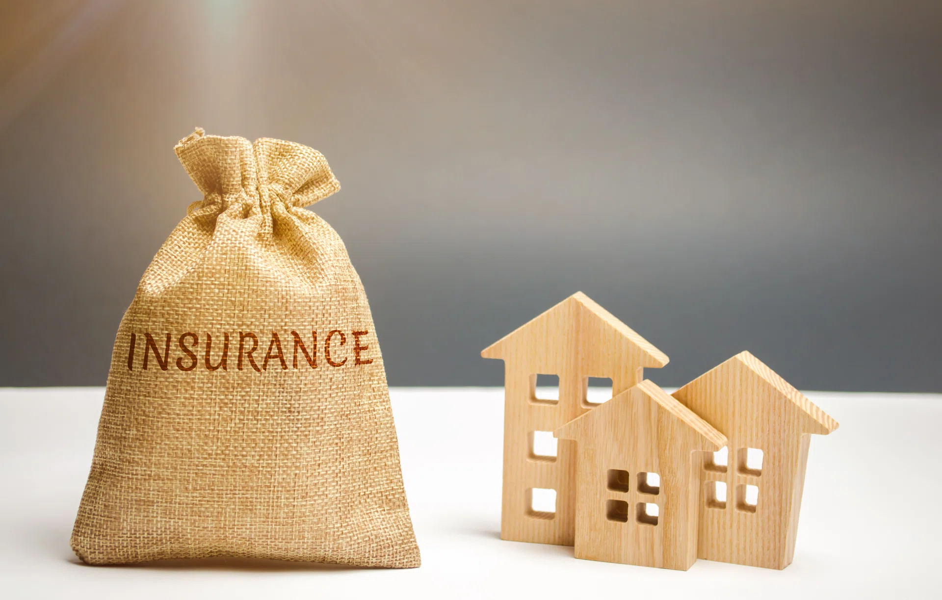 A bag with money and the word Insurance and wooden houses. The concept of property insurance and housing. Accumulation of money for home insurance, health and life. Risks