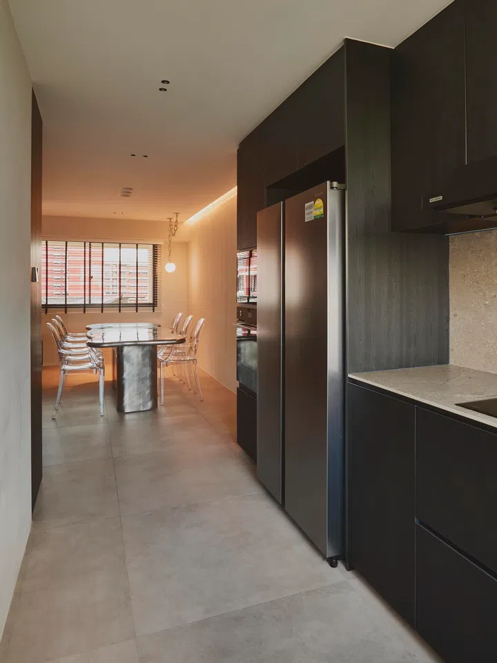 The dining and kitchen areas flow seamlessly into one another. 