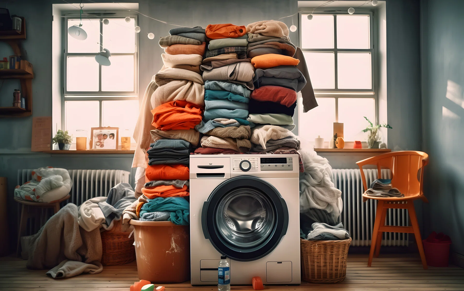 Laundry room interior with washing machine, stack of clothes and towels.