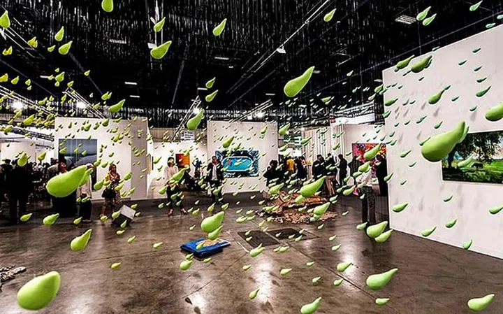 Photo of a hanging suspended artwork at the Art Basel Miami in 2017.
