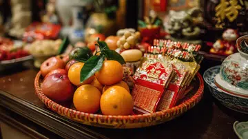 A stunning arrangement featuring colorful fruits and red envelopes symbolizes prosperity and good fortune, perfect for cultural celebrations and festive occasions.