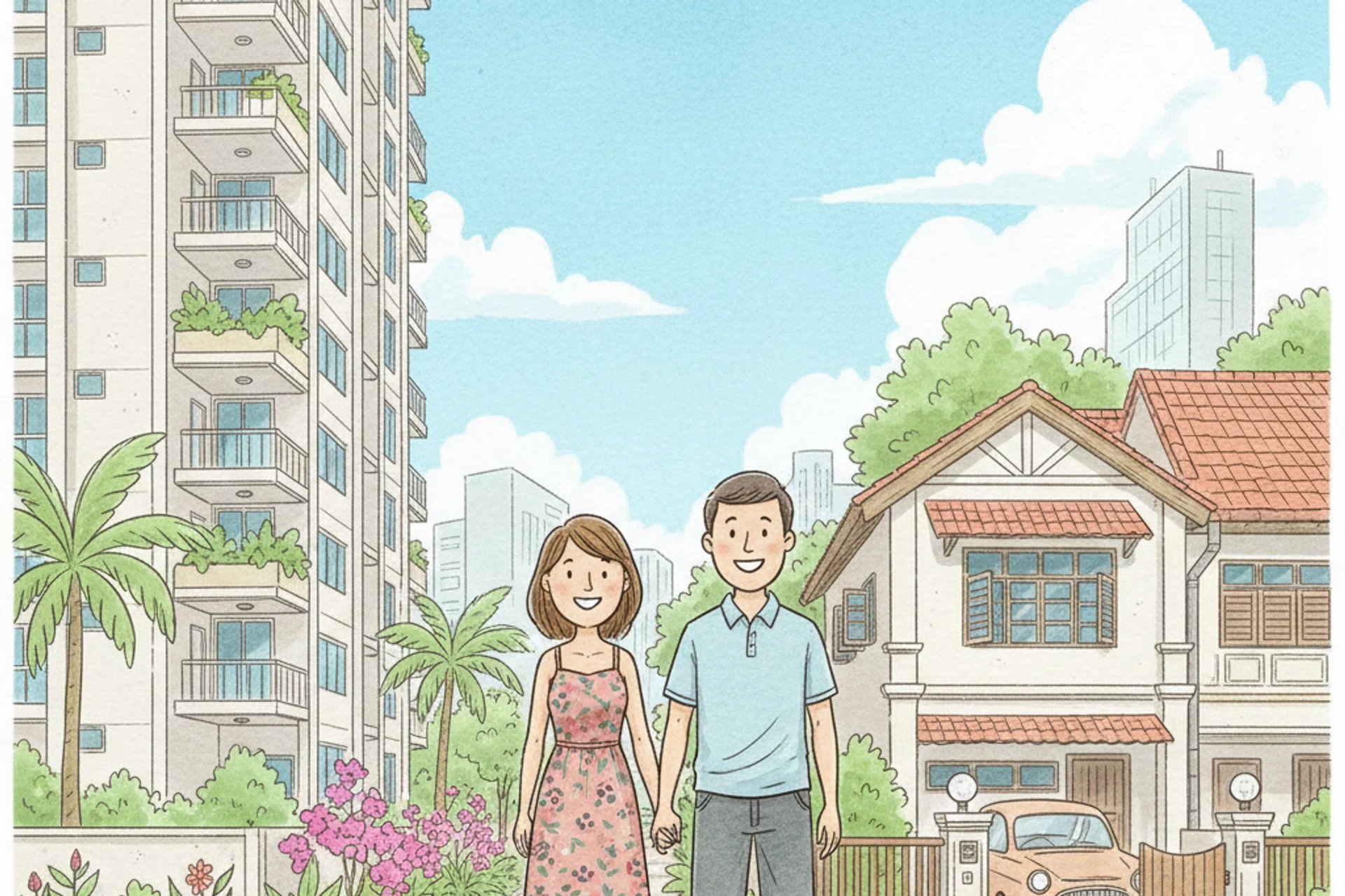 A drawing illustration of a Singaporean couple in front of an apartment building and a landed house.