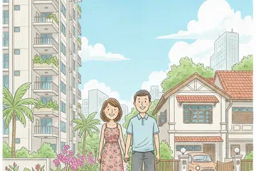 A drawing illustration of a Singaporean couple in front of an apartment building and a landed house.