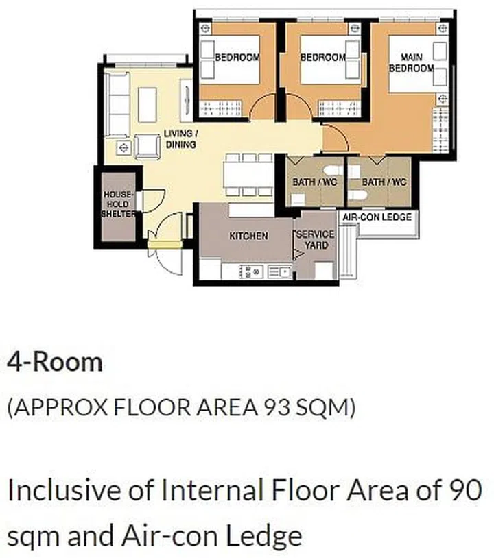 Fernvale Dew BTO 4-room floor plan, 93sqm. Image from HDB MyNiceHome
