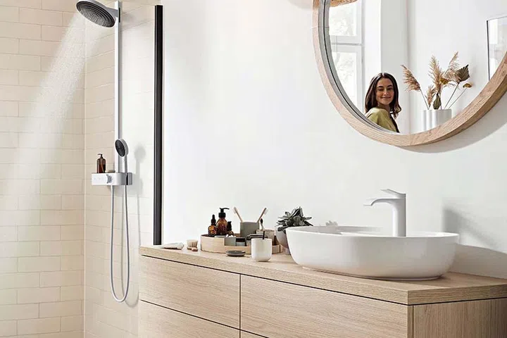 The hansgrohe Pulsify Shower system lets you enjoy your shower while saving water.