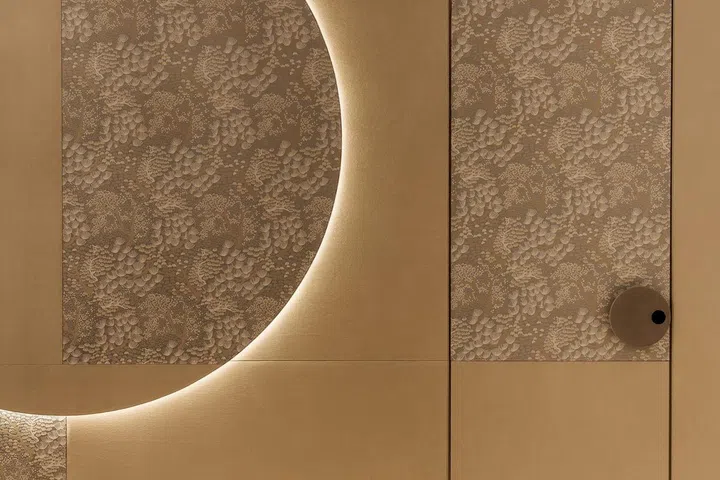 Close up of Kvadrat acoustic panels with two different textiles in the dining room of this semi-detached at Jalan Belibas, Upper Thomson.