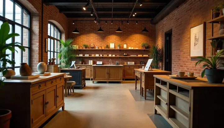 Interior showroom featuring rustic wooden furniture and brick walls