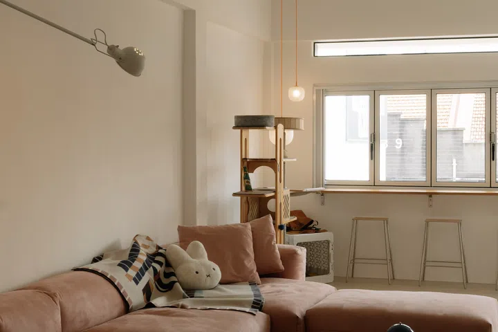 The living room is centred around a generously proportioned Vetsak modular sofa shipped from Europe, while wide windows accentuate the space with natural light.