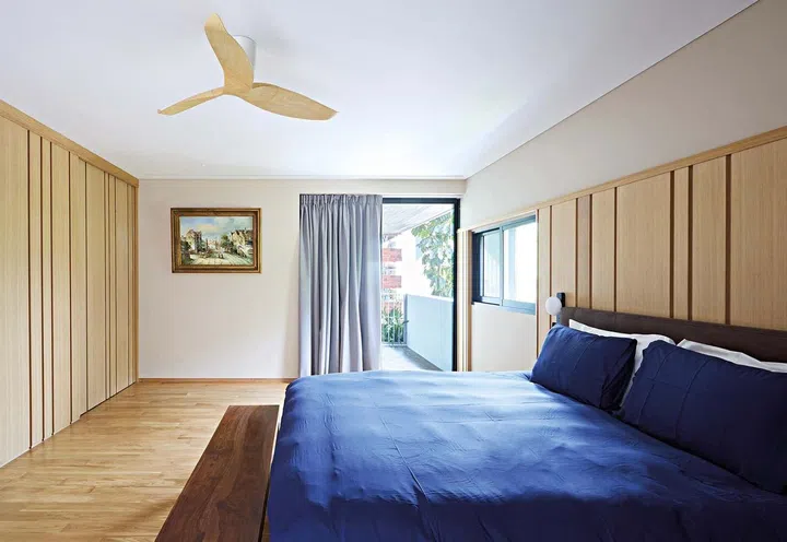 The master bedroom has two means
of access- via the walk-in wardrobe or the balcony. This minimises disturbance
to the couple
on occasions when their sleep patterns may vary.