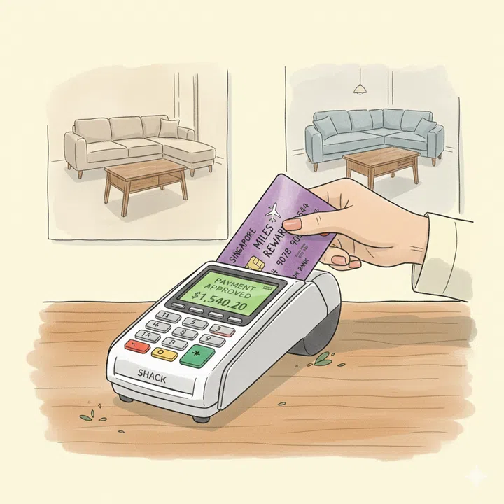 A drawing illustration of a close up of a lady tapping her credit card on a payment device at the cashier of a furniture shop.