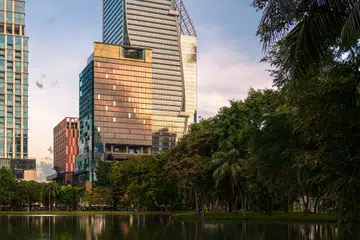 Sunset facade of the Andaz One Bangkok hotel.