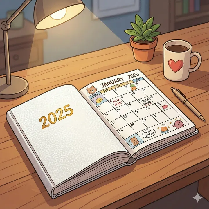 Cartoon drawing of a 2025 calendar planner.