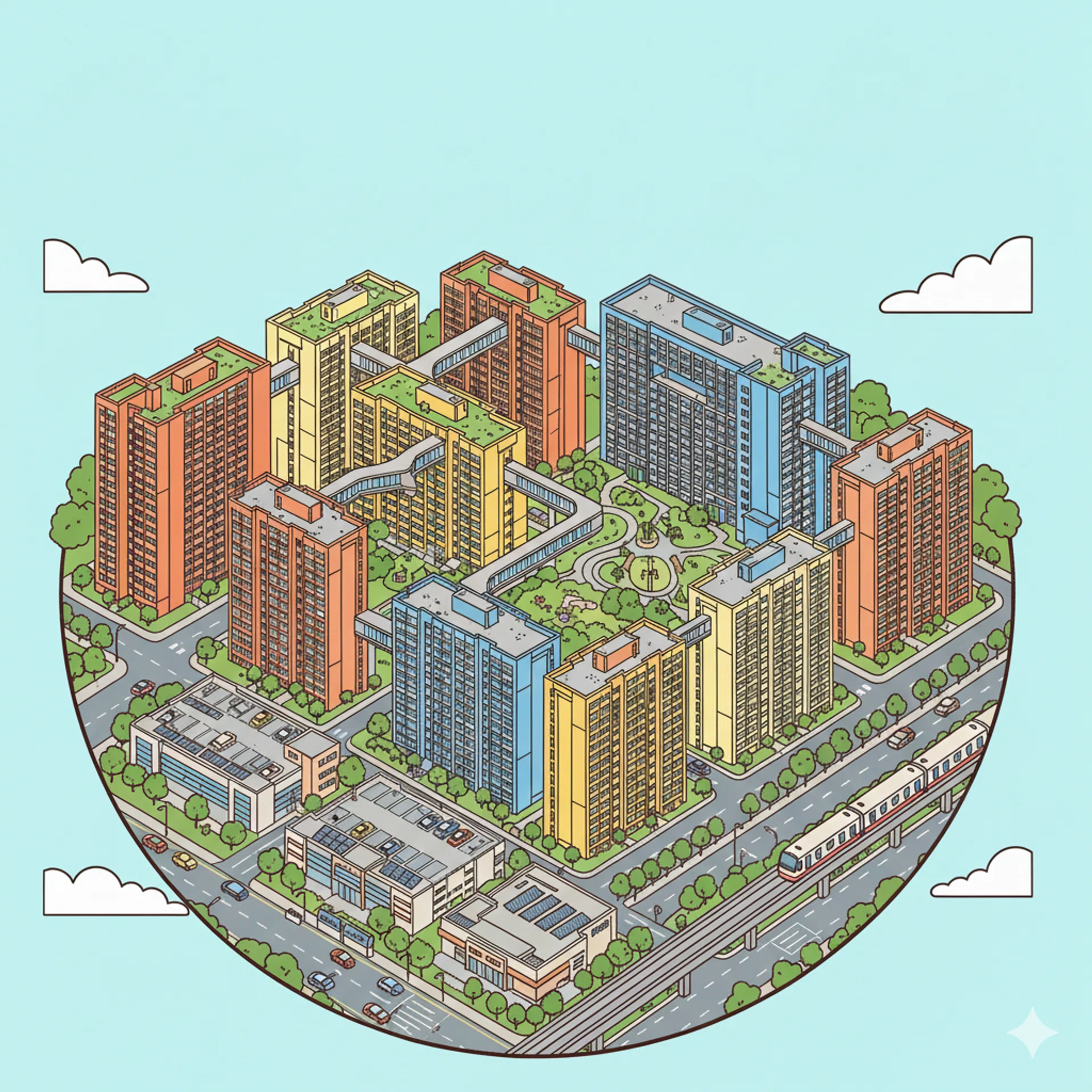 Drawing illustration of aerial view of HDBs.