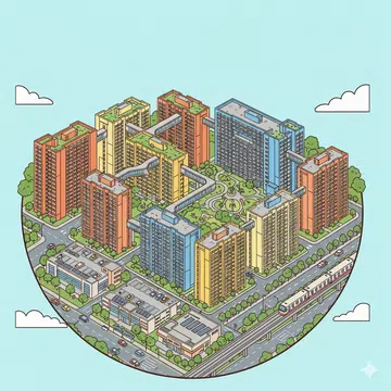 Drawing illustration of aerial view of HDBs.