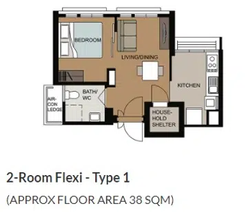 Woodleigh Glen BTO 2-Room Flexi (Type 1) floor plan.