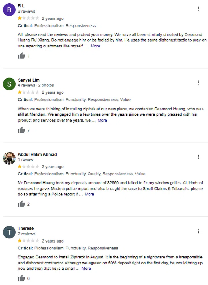 Screengrab of SG Venture Furnishings renovation company's negative Google Reviews about scams and cheating