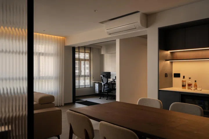 Concealed home office in a 5-room HDB BTO at Tampines Street 96 (1,216 sq ft), designed by Inizio Atelier.