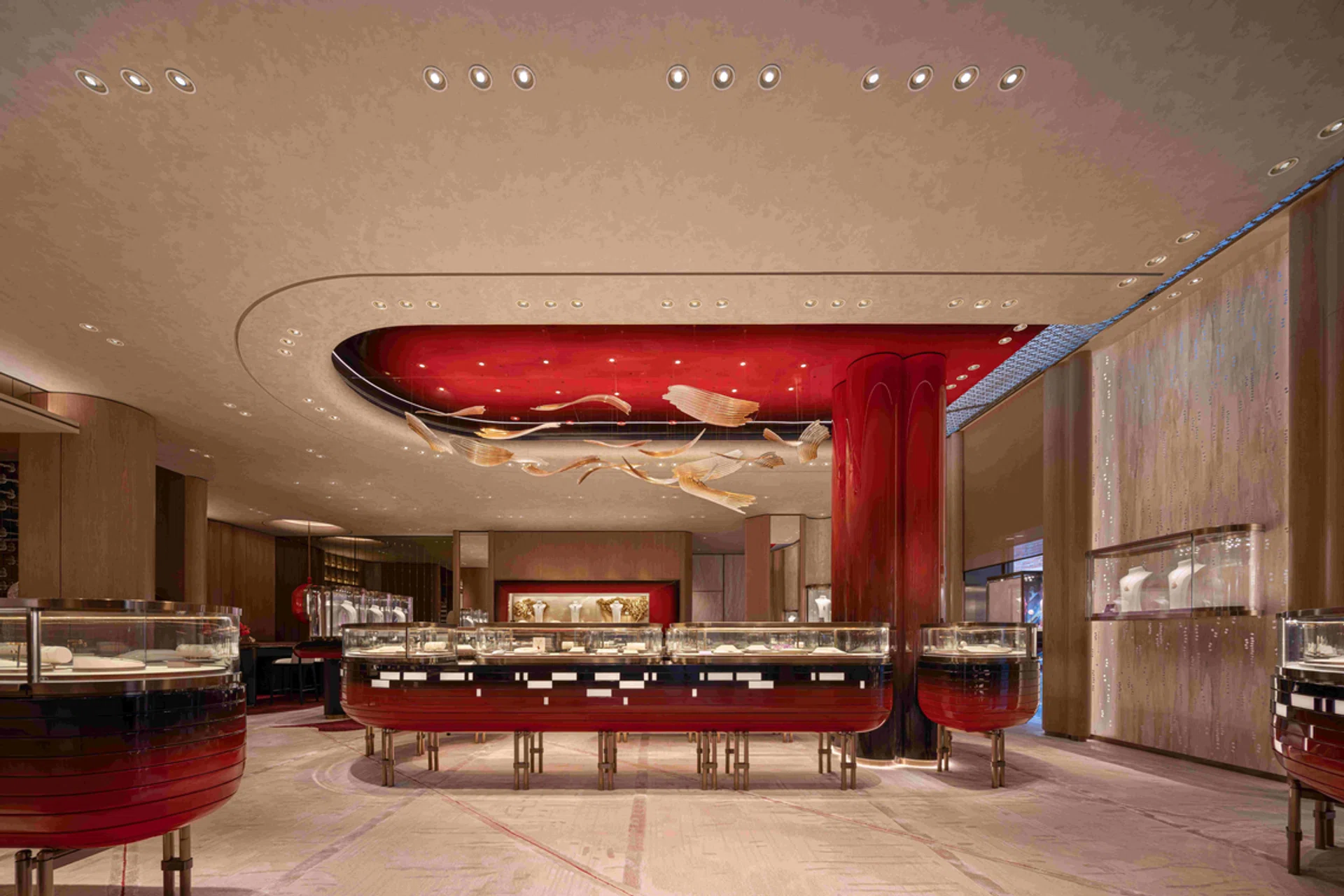 On the ground floor, a high-gloss red lacquer ceiling anchors the room, illuminated by a custom Sans Souci crystal chandelier designed to mirror sunlight filtering through a bamboo grove.