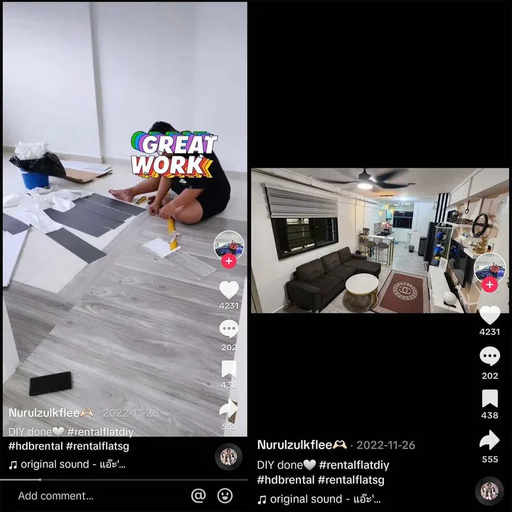 Tiktok user Nurulzulkflee sharing their HDB Rental Flat renovation journey