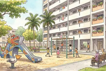 A drawing illustration of a HDB playground next to a HDB building.
