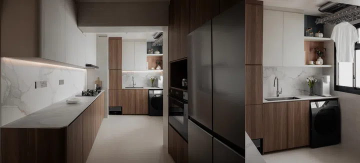 The kitchen features a built in oven and doubles as their laundry room. 