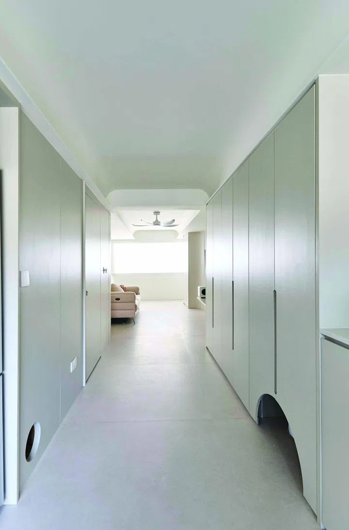 Even more storage space in the hallway, complete with feline tunnels and passageways.