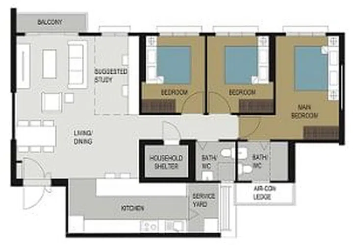 Punggol Northshore Cove BTO 5-room floor plan with open concept kitchen, 116 sqm (or 113 sqm internal floor space). Image MyNiceHome HDB