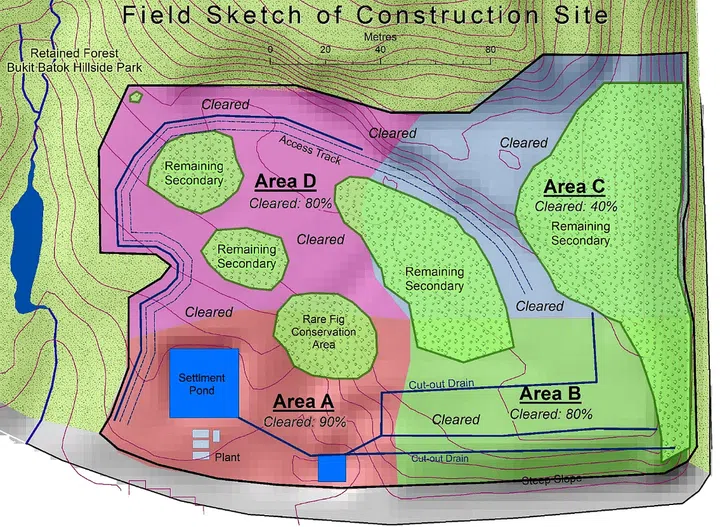 Nature Society (Singapore) member Tony O’Dempsey’s map of the site clearance for the West Glades Build-To-Order project. PHOTO: TONY O’DEMPSEY