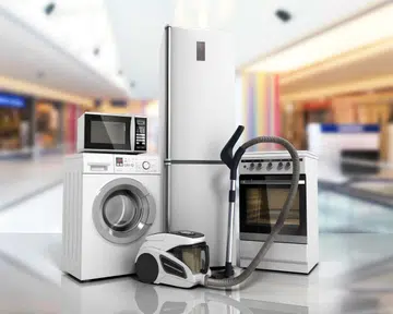 Home appliances Group of white refrigerator washing machine stove microwave oven vacuum cleaner on glass flor background 3D. Photo by 123RF