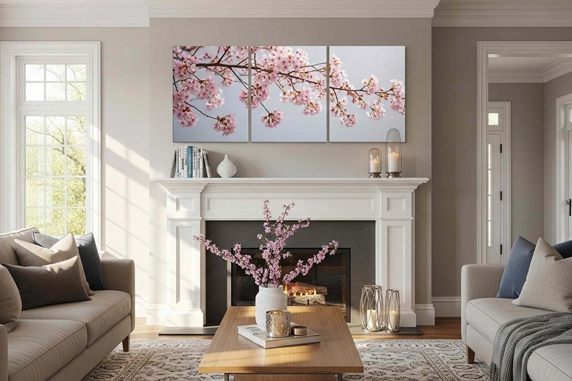 Cozy living room with two beige sofas, a wooden coffee table, and a large cherry blossom artwork above a white fireplace